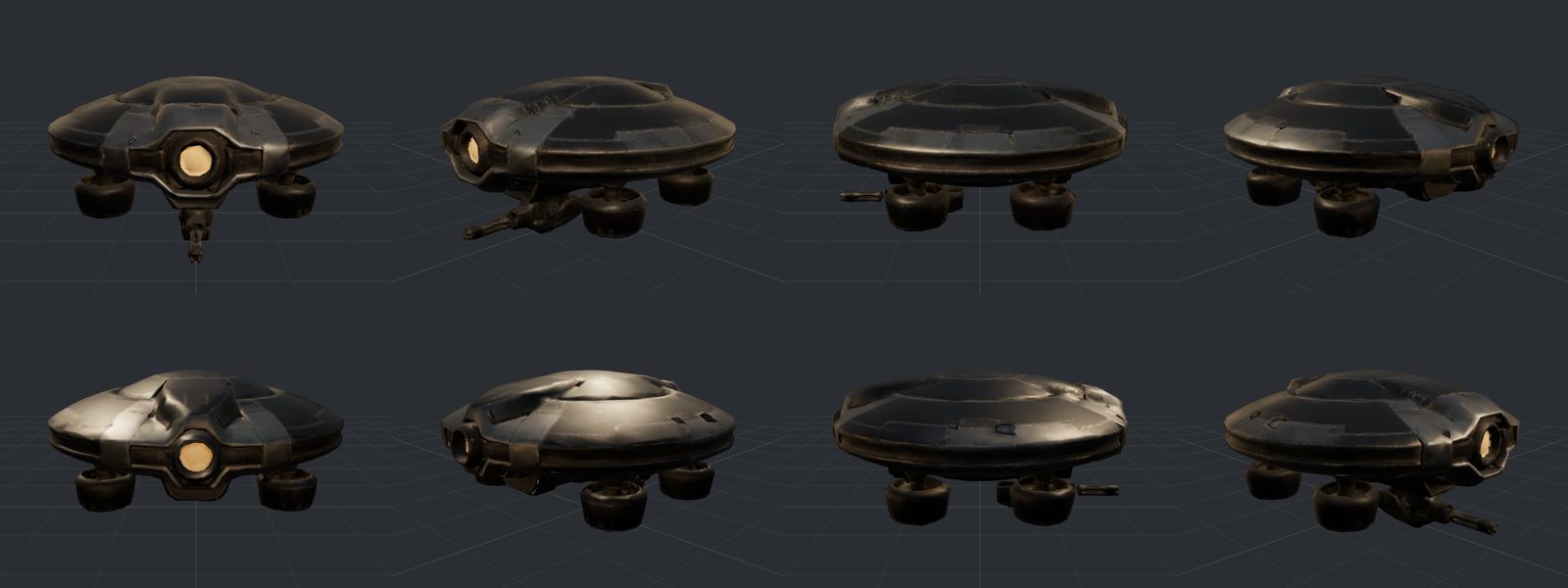 Turntable review of the generated enemy drone — the eye faces +Z, which the code had wrong by 90°