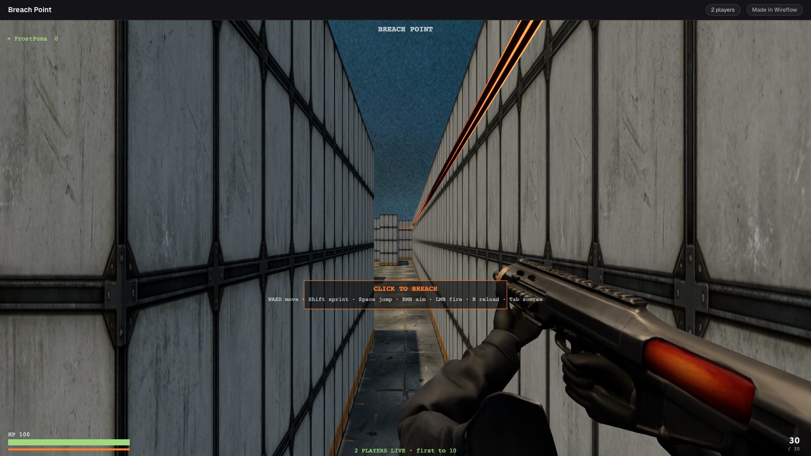 Final viewmodel: full rifle angled into the crosshair, both hands on the gun